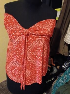 No Boundaries Red Paisley Tie-Front Strapless Top